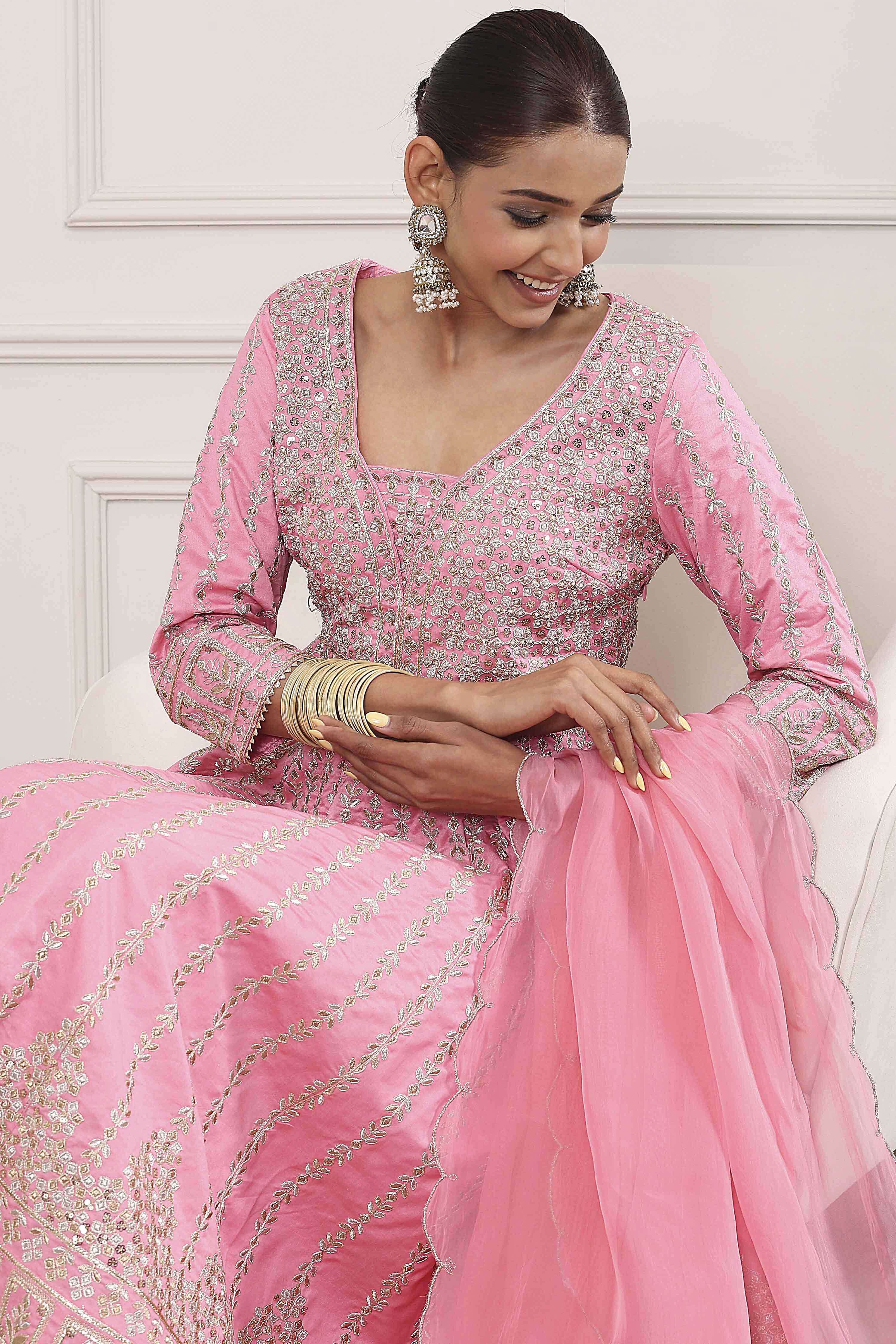 Rose Pink Cotton Silk Embroidered Anarkali Suit Set image number 5
