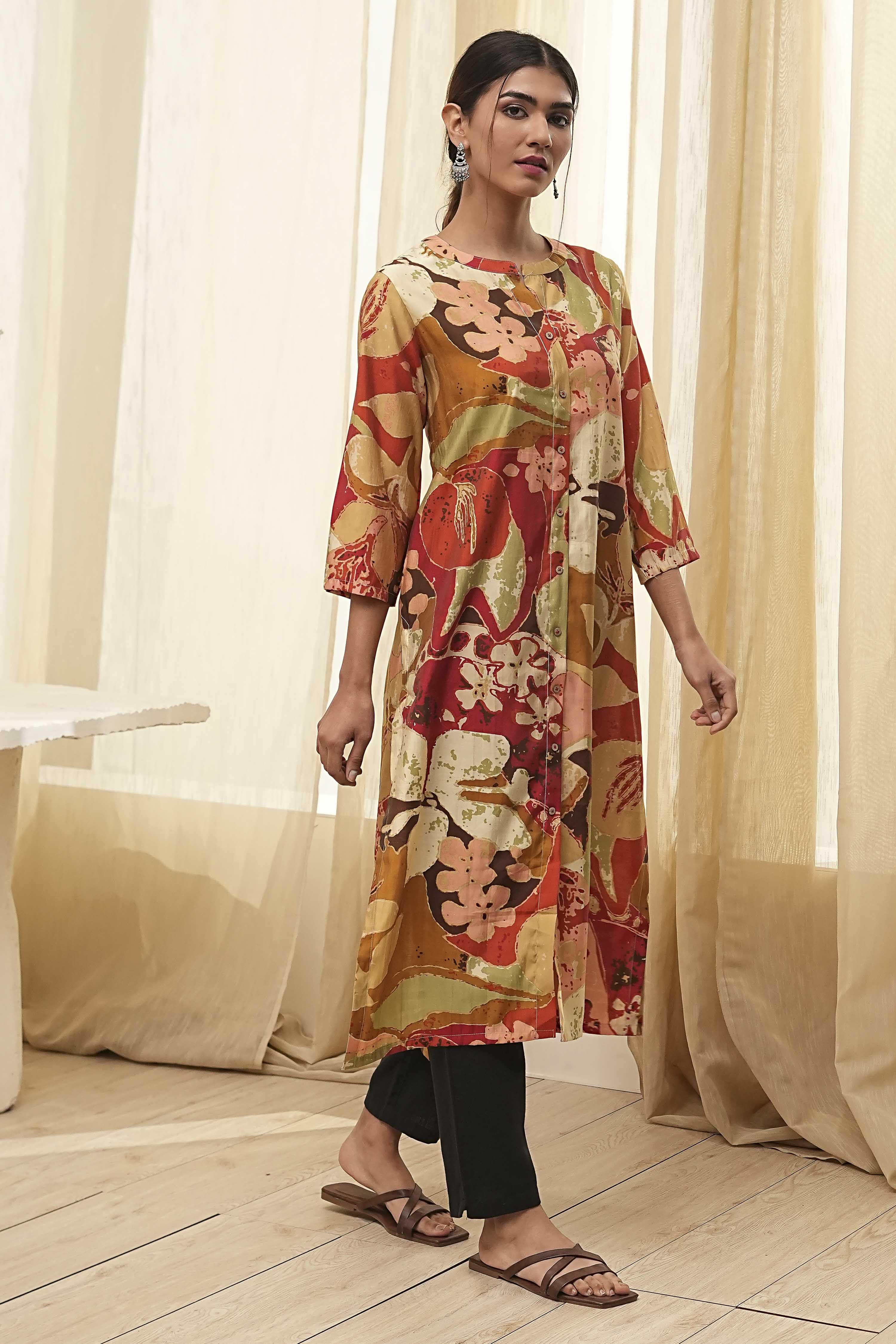 Rust Printed Straight Kurta image number 4