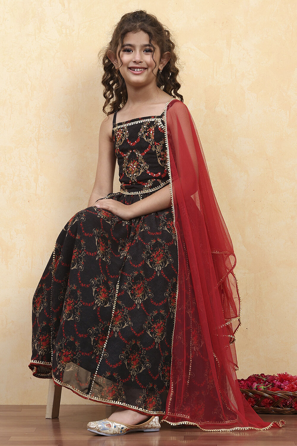 Black Polyester Printed Kalidar Lehenga Set image number 0