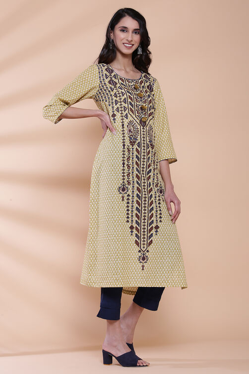 Blue Cotton Straight Printed Kurta image number 3