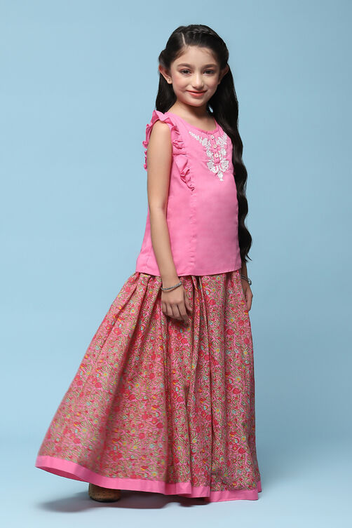 Pink Cotton Straight Printed Kurta Skirt Suit Set image number 5