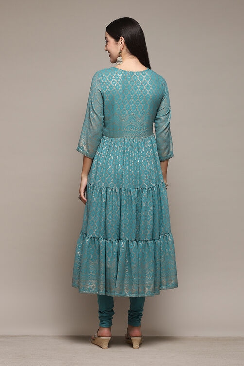Sea Green Polyester Anarkali Kurta Churidar Suit Set image number 5