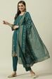 Teal Green Printed Cotton Straight Suit Set image number 5