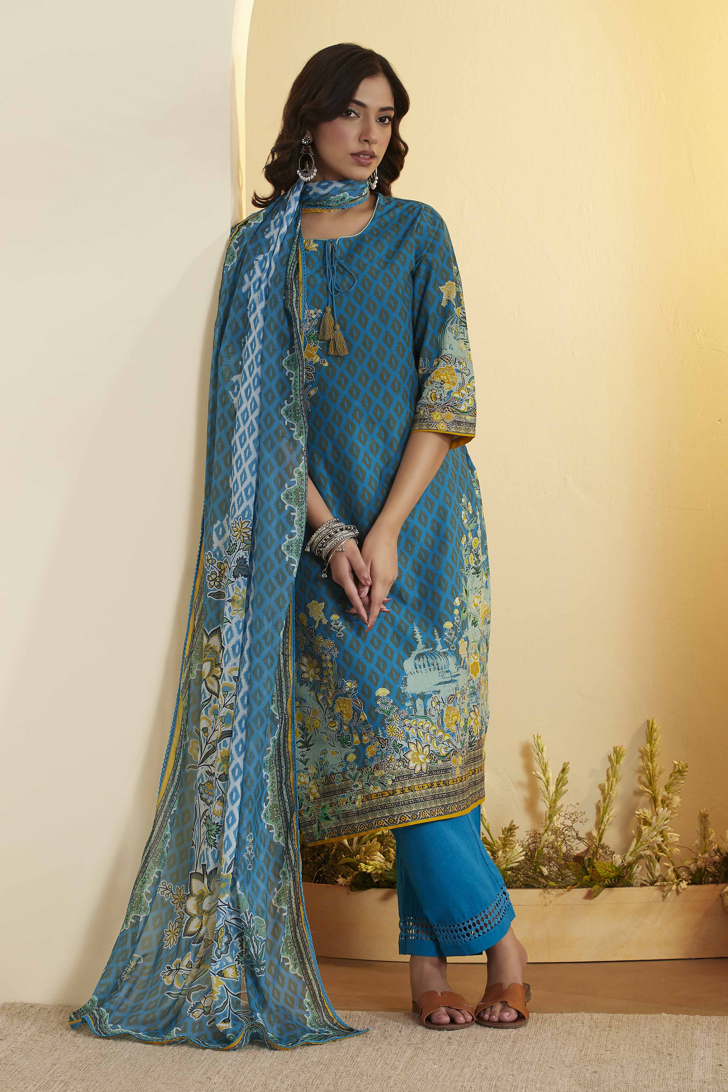 Turquoise Cotton Straight Printed Kurta Ankle Length Suit Set image number 0
