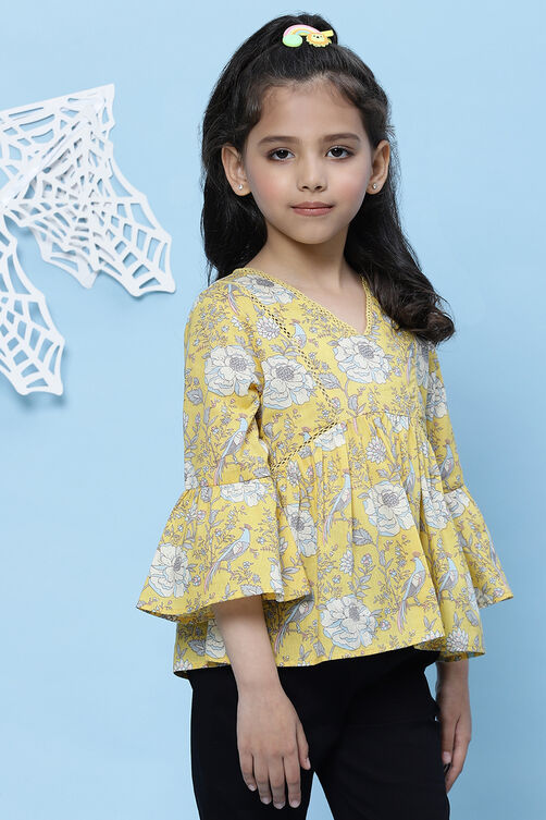Yellow Cotton Flared Printed Top image number 3