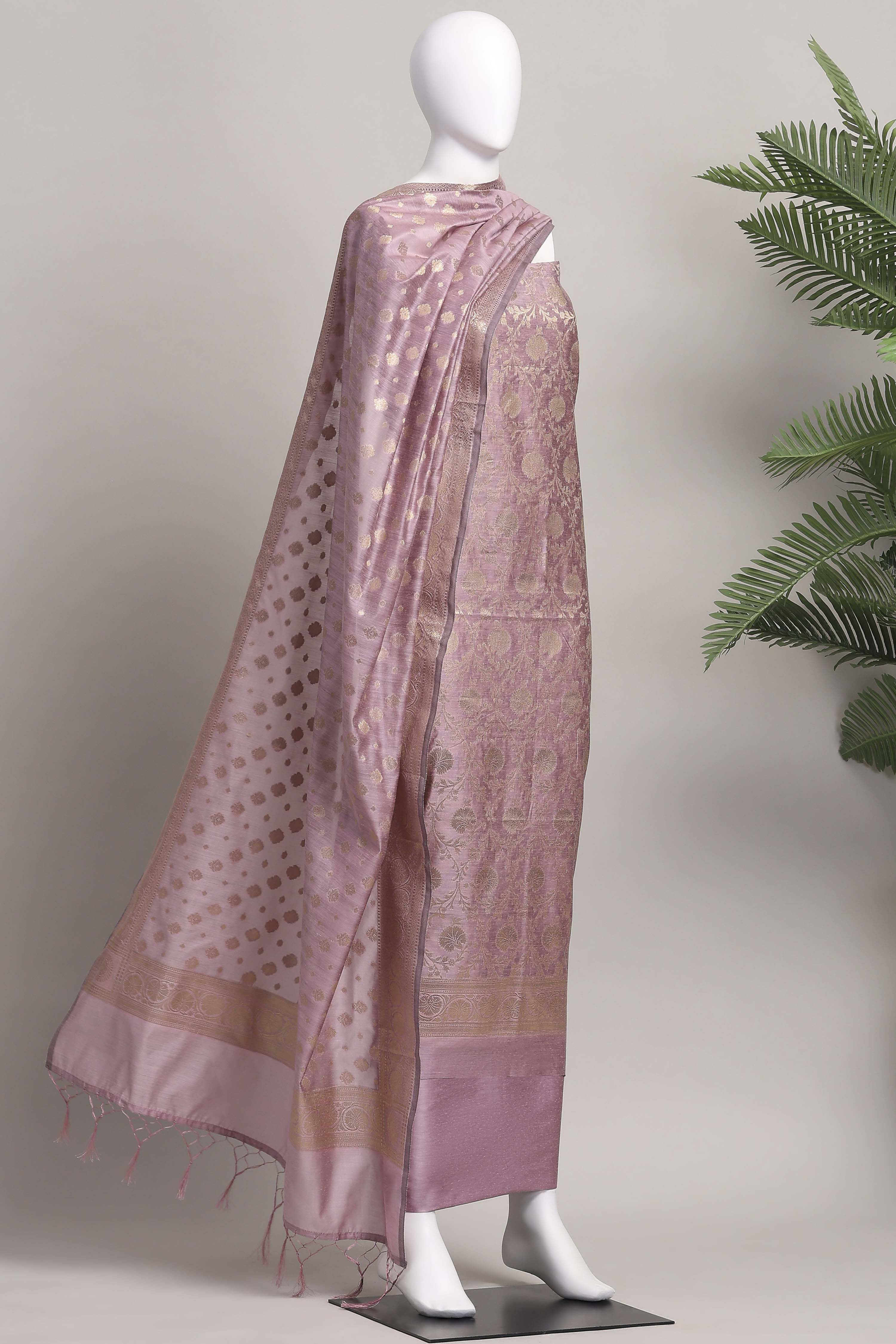 Dusty Purple Banarasi Chanderi Banarasi Print Unstitched Suit Set image number 4