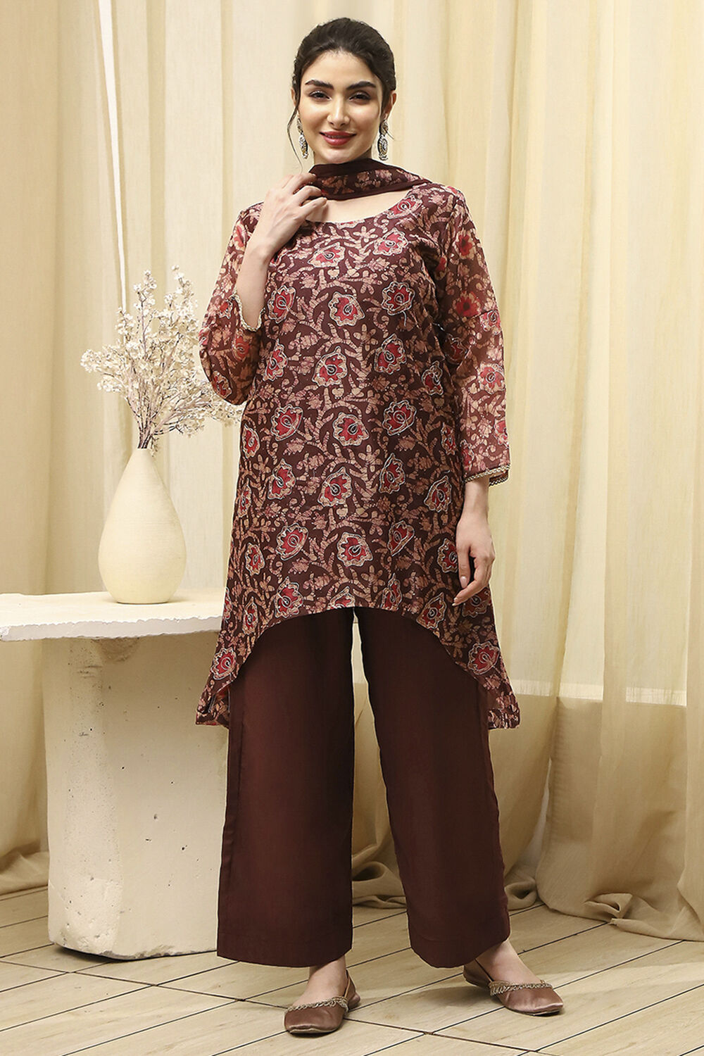 Maroon Chanderi Printed Embroidered Unstitched Suit Set image number 1