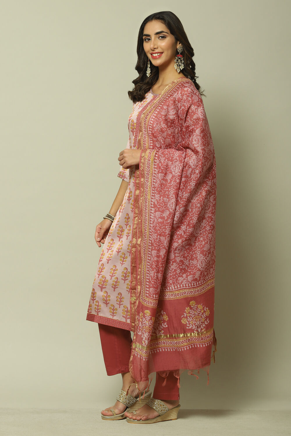 Pink Modal Printed Unstitched Suit Set image number 3