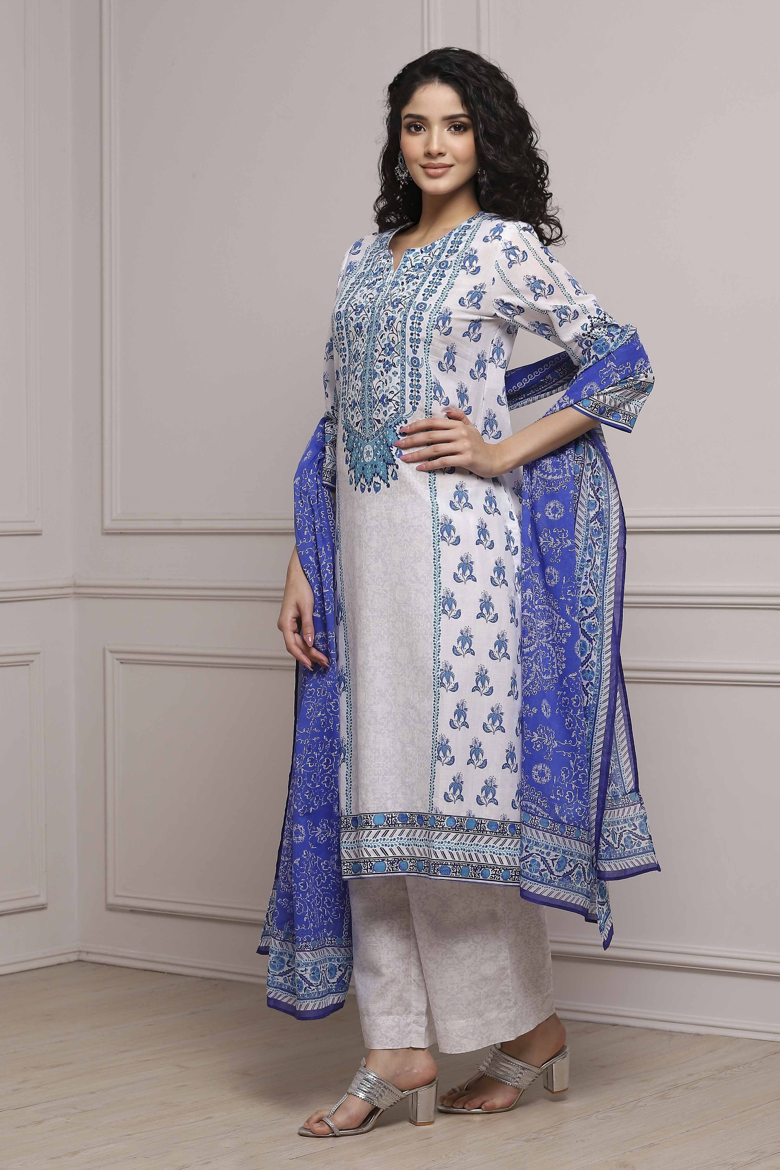 Blue Cotton Straight Suit Set image number 3