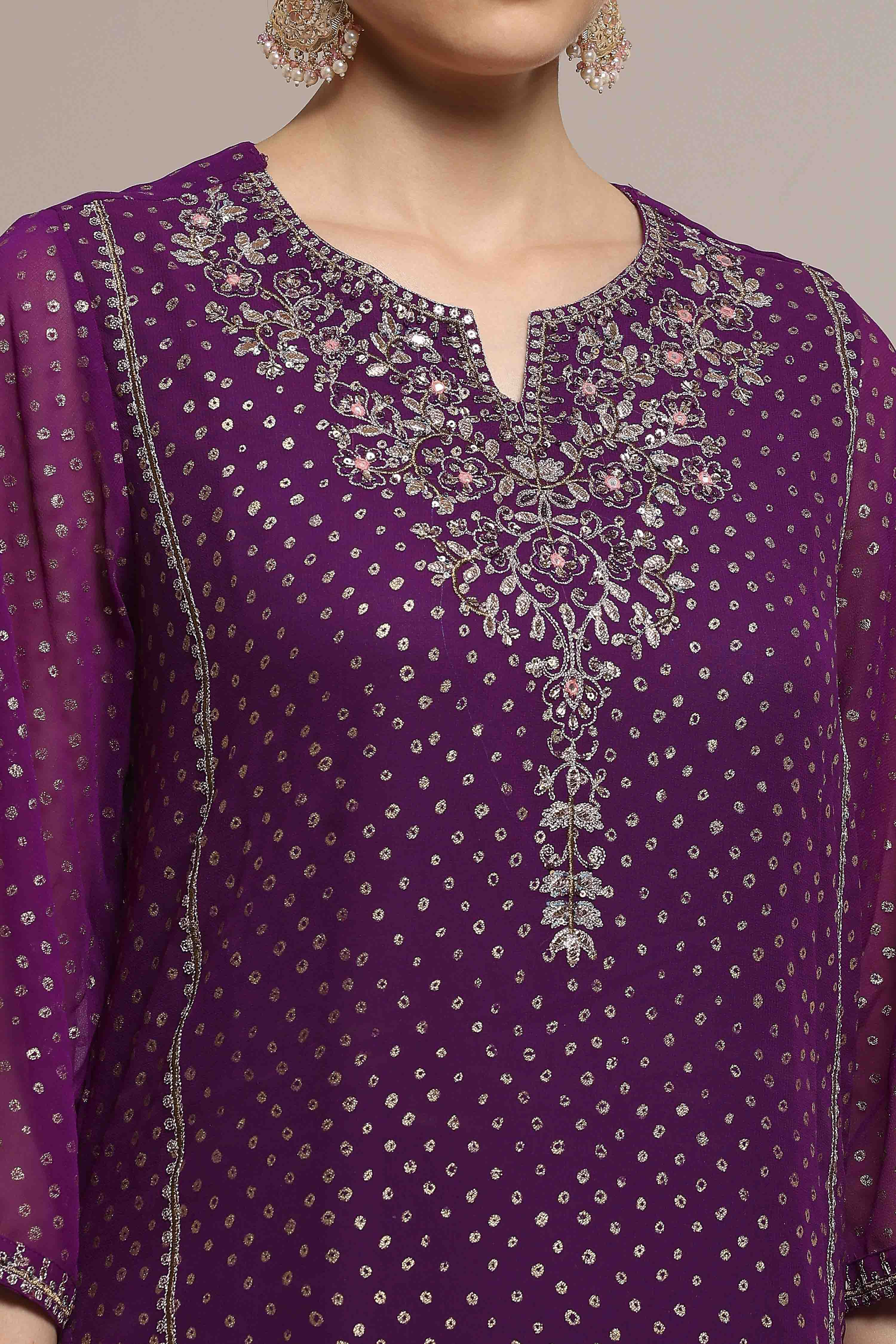 Purple Poly Georgette Printed Straight Suit Set image number 1