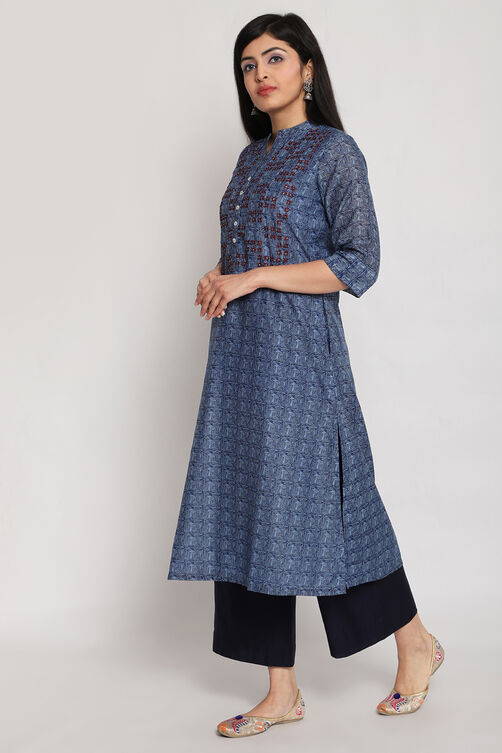 Buy Indigo Art Silk Kurta Pants Set (Kurta, Straight Palazzo) for ...