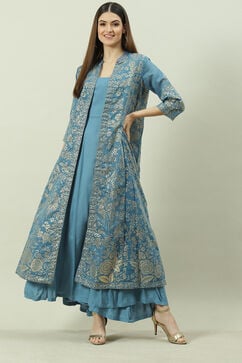 Blue Art Silk with Cape Printed Dress image number 7