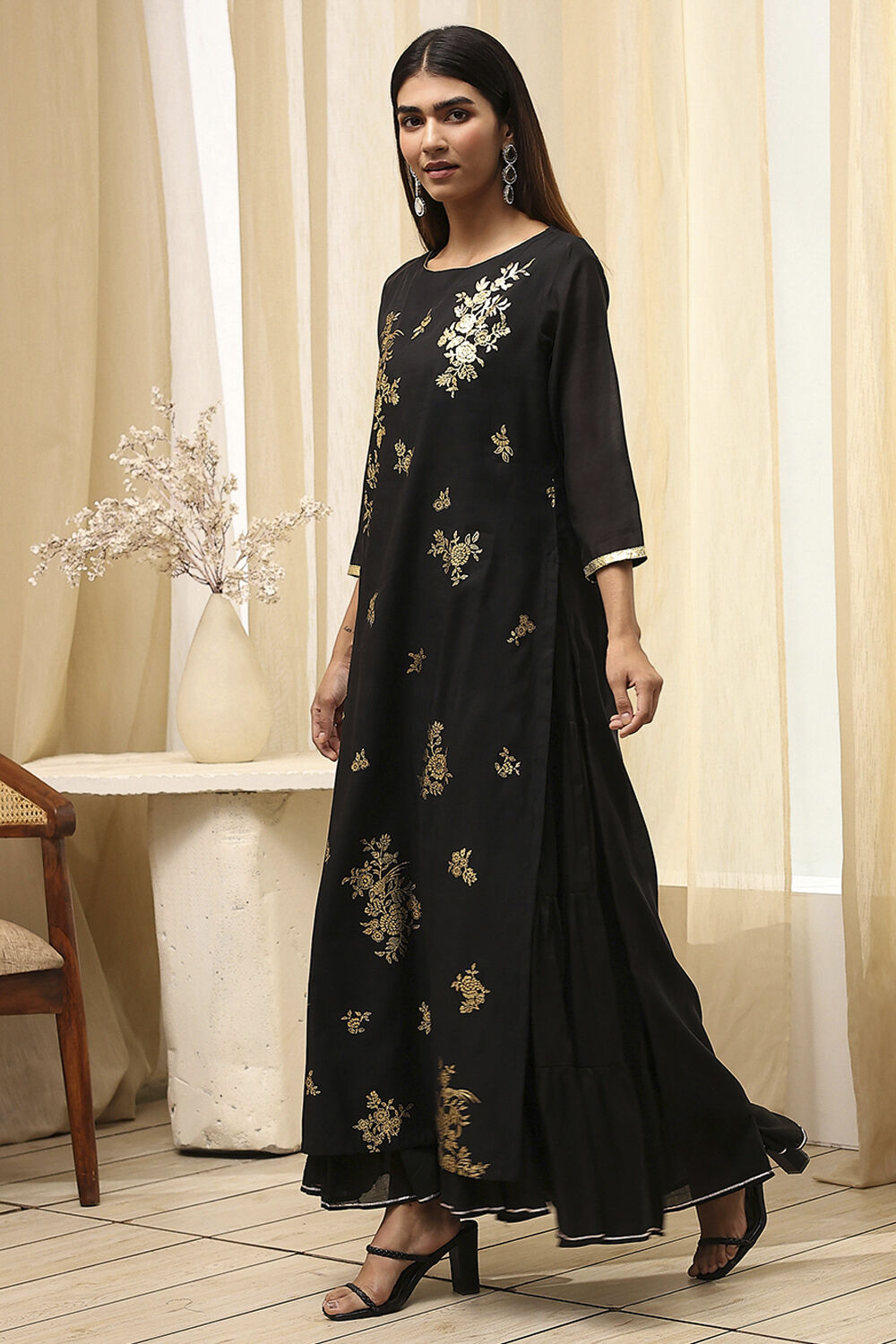Black Poly Chanderi Layered Tiered Dress image number 3