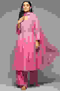 Pink Cotton Gathered Kurta Palazzo Suit Set image number 6