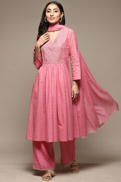 Pink Cotton Gathered Kurta Palazzo Suit Set image number 6