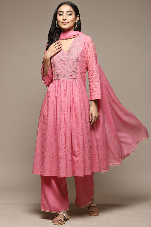 Pink Cotton Gathered Kurta Palazzo Suit Set image number 6