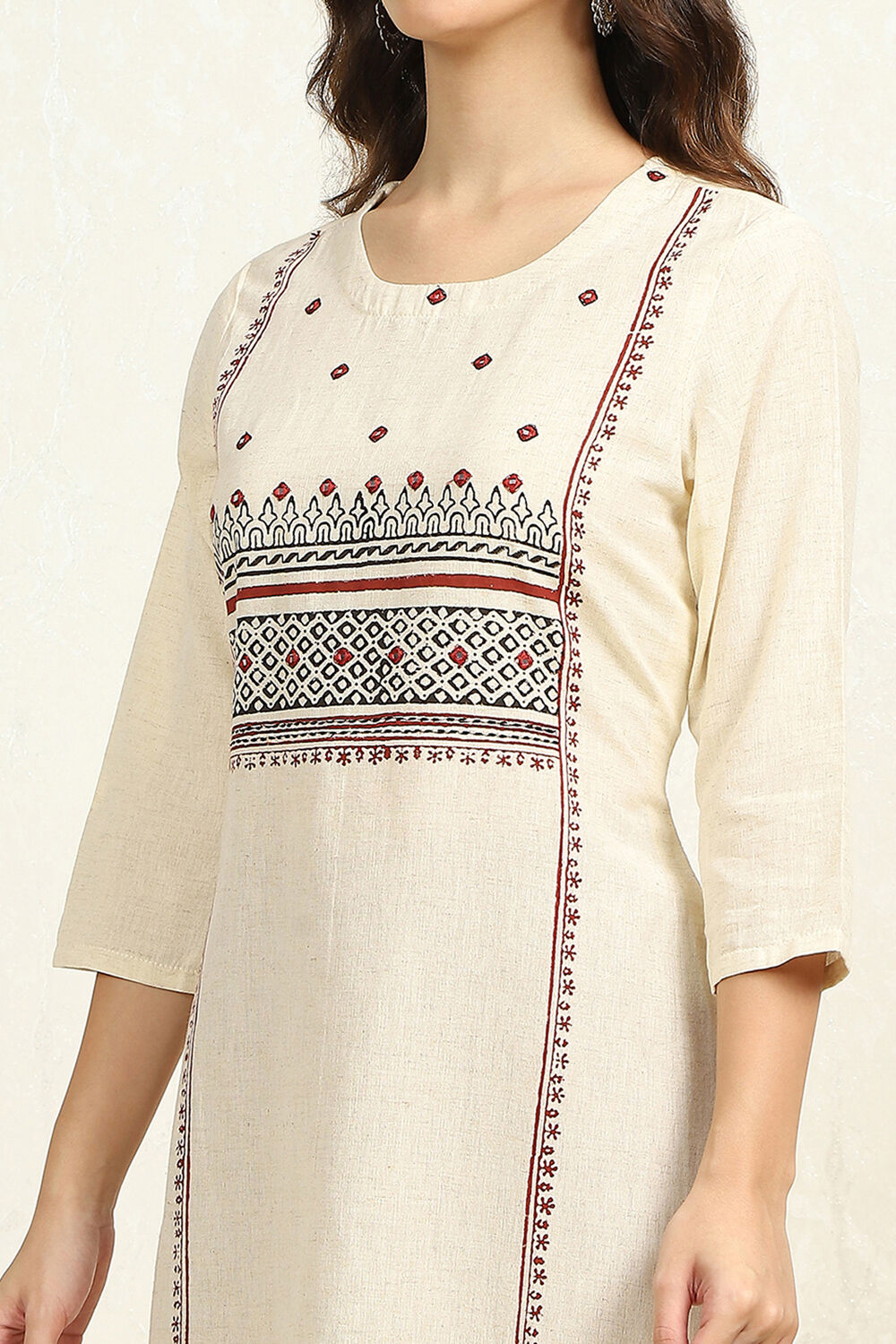 Off-White and Red Cotton Printed Unstitched Suit Set image number 2