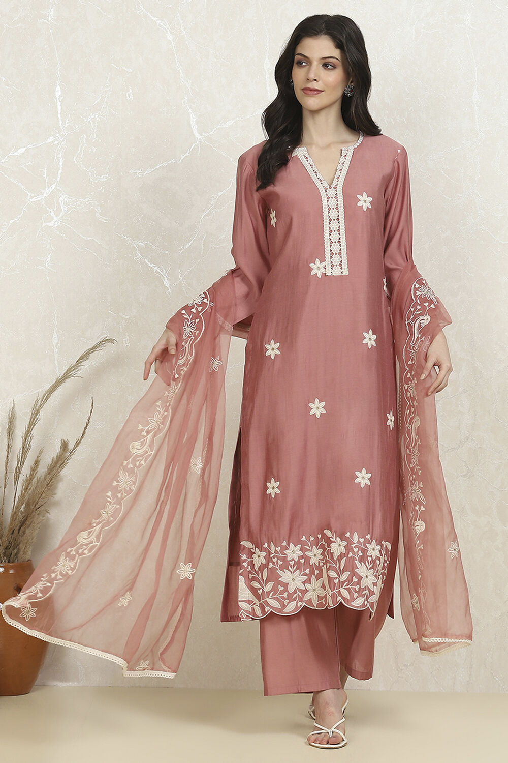 Peach-Pink Modal Machine Embroidered Unstitched Suit Set image number 7