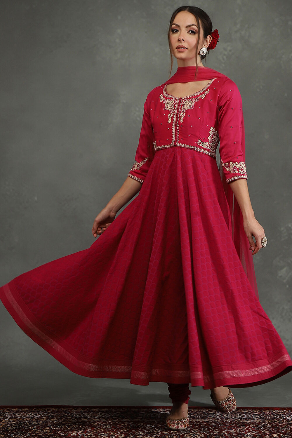 Pink Silk Chanderi Floral Anarkali Suit Set image number 0