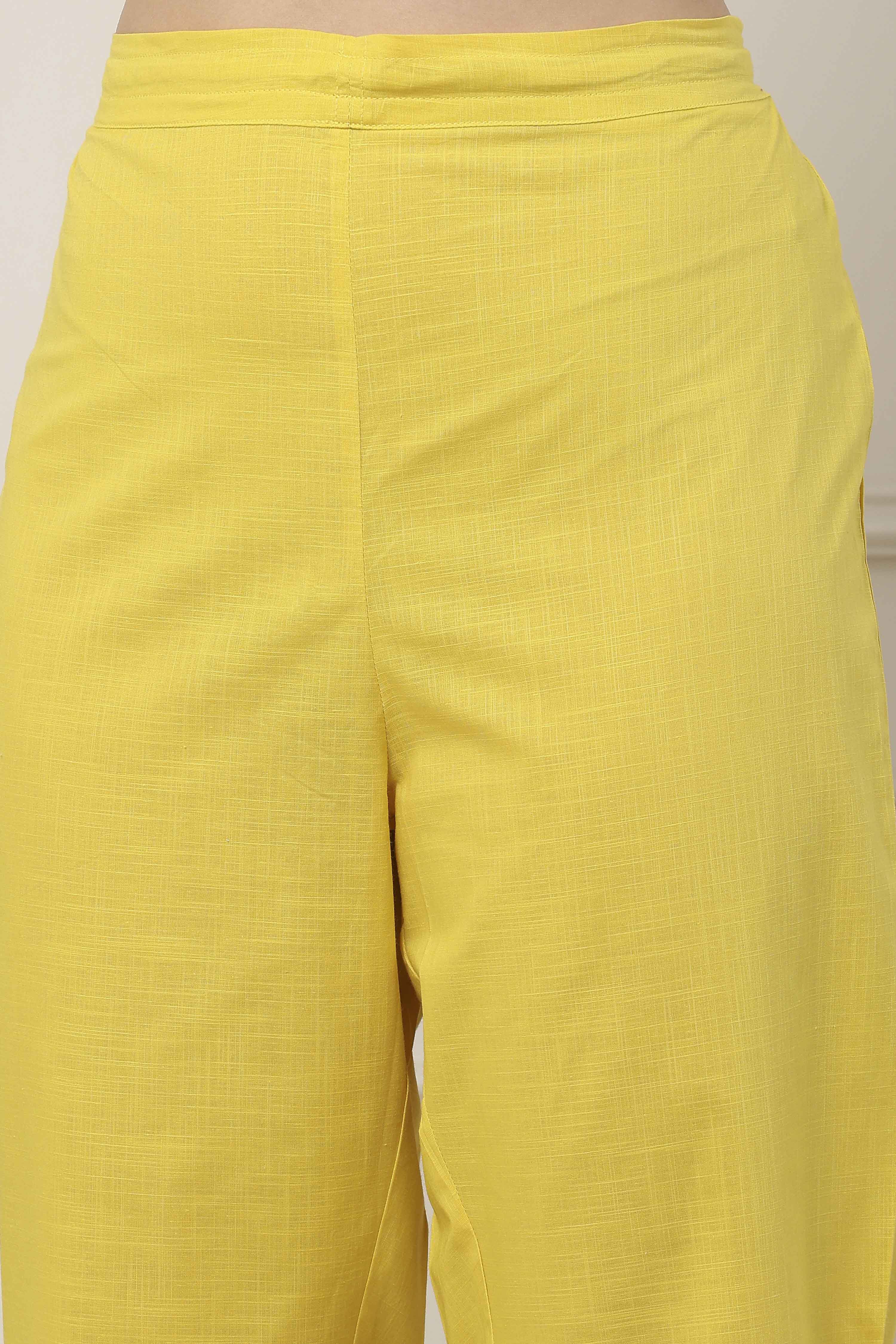 Yellow Cotton Floral Embroidered Straight Suit Set image number 2