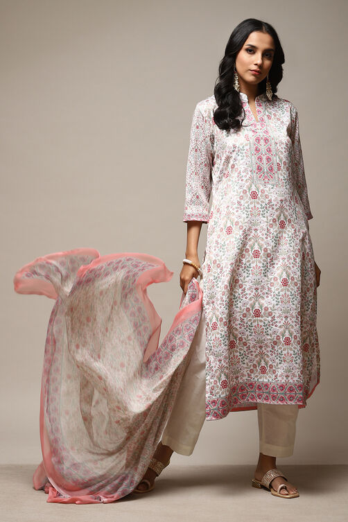 Off White Cotton Screen Print Unstitched Suit Set image number 10