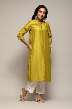 Neon Green Poly Viscose Straight Yarndyed Kurta image number 3