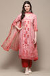 Red Cotton Blend Floral Digital Print Unstitched Suit Set image number 1