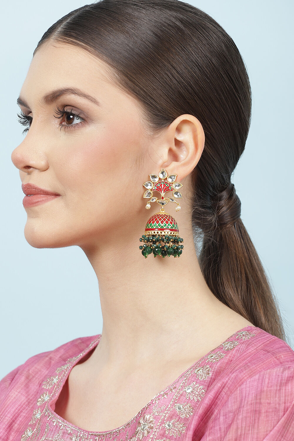 Red Green Meenakari Jhumkas image number 3