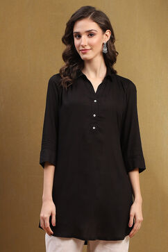 Black Solid Shirt Collar Straight Short Kurti image number 6