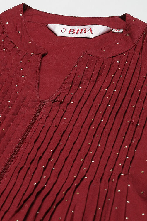 Maroon Cotton A-Line Printed Kurta image number 1