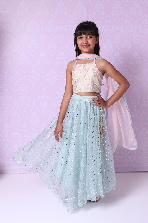 Cream And Turquoise Straight Poly Cotton Girls Lehenga Set image number 2