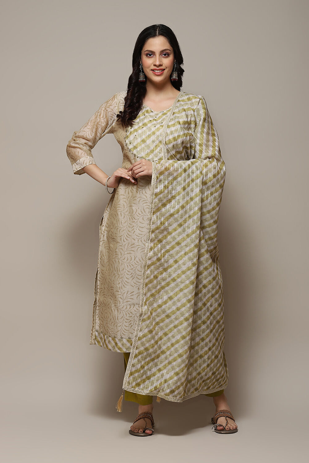 Green Chanderi Blend Printed Unstitched Suit Set image number 1