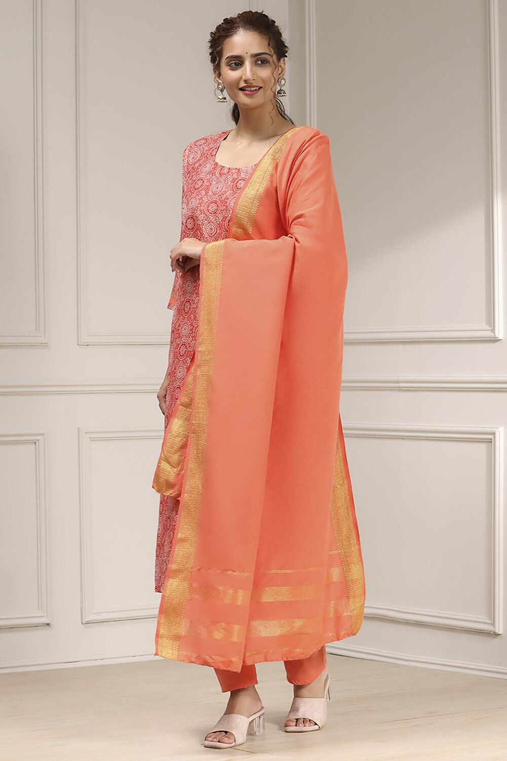 Orange Cotton Printed Embroidered Unstitched Suit Set image number 4