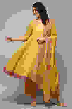 Mustard Cotton Anarkali Kurta Lehenga Set image number 0