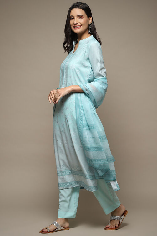 Light Blue Silk Blend Digital Print Unstitched Suit Set image number 5