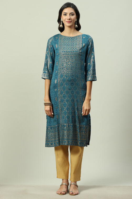 Teal Rayon Straight Printed Kurta image number 5