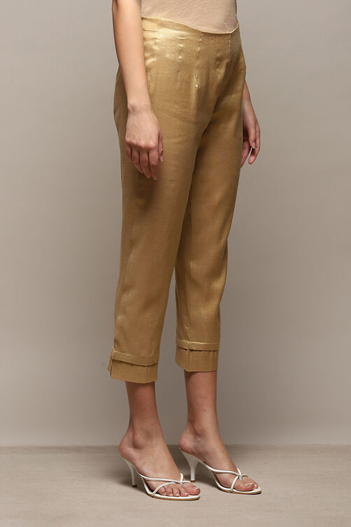 Antique Gold Polyester Slim Yarndyed Pants image number 3