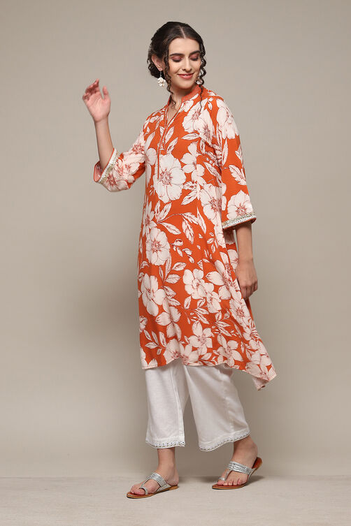 Burnt Orange LIVA Straight Printed Kurta image number 0