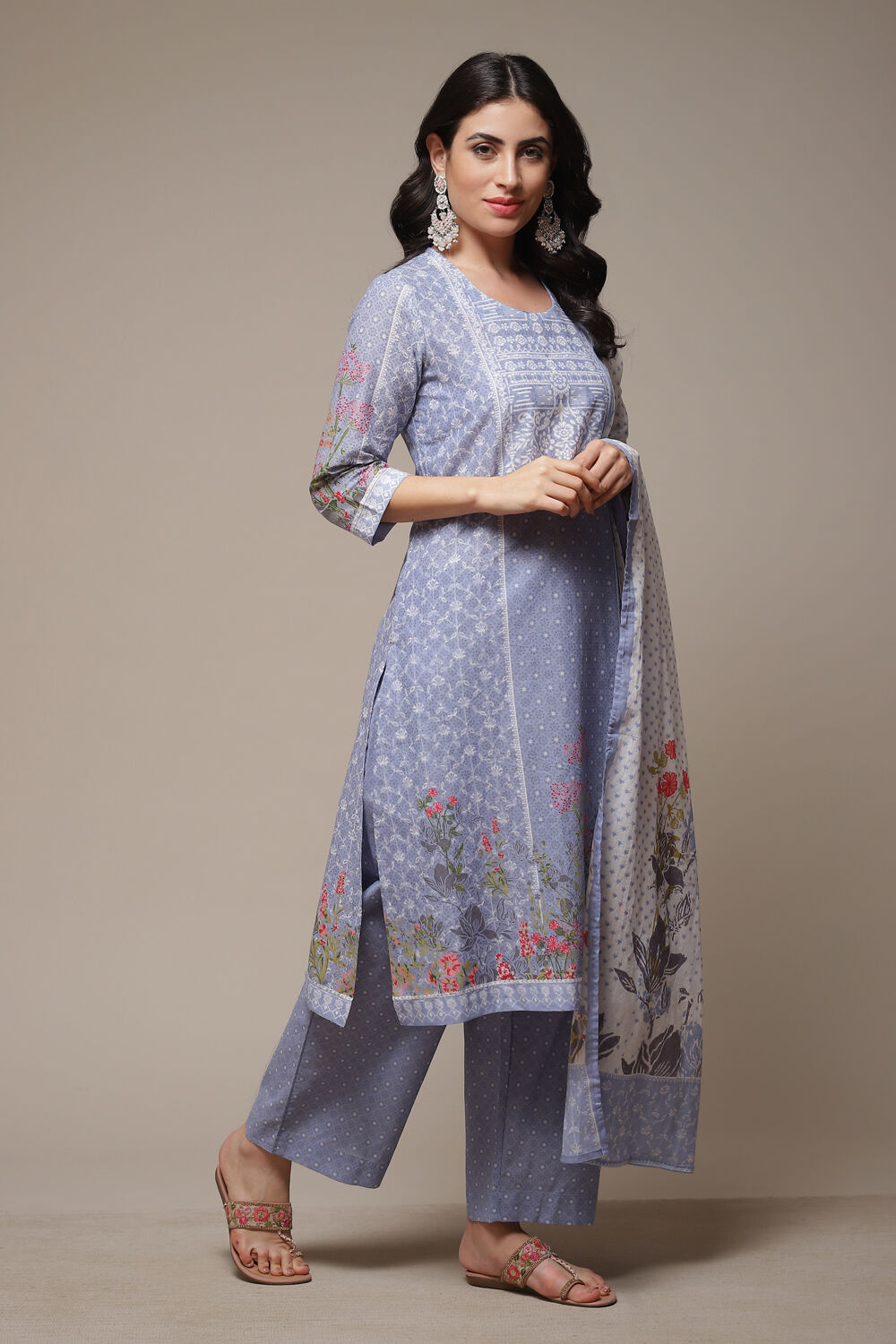 Powder Blue Cotton Straight Kurta Palazzo Suit Set image number 4