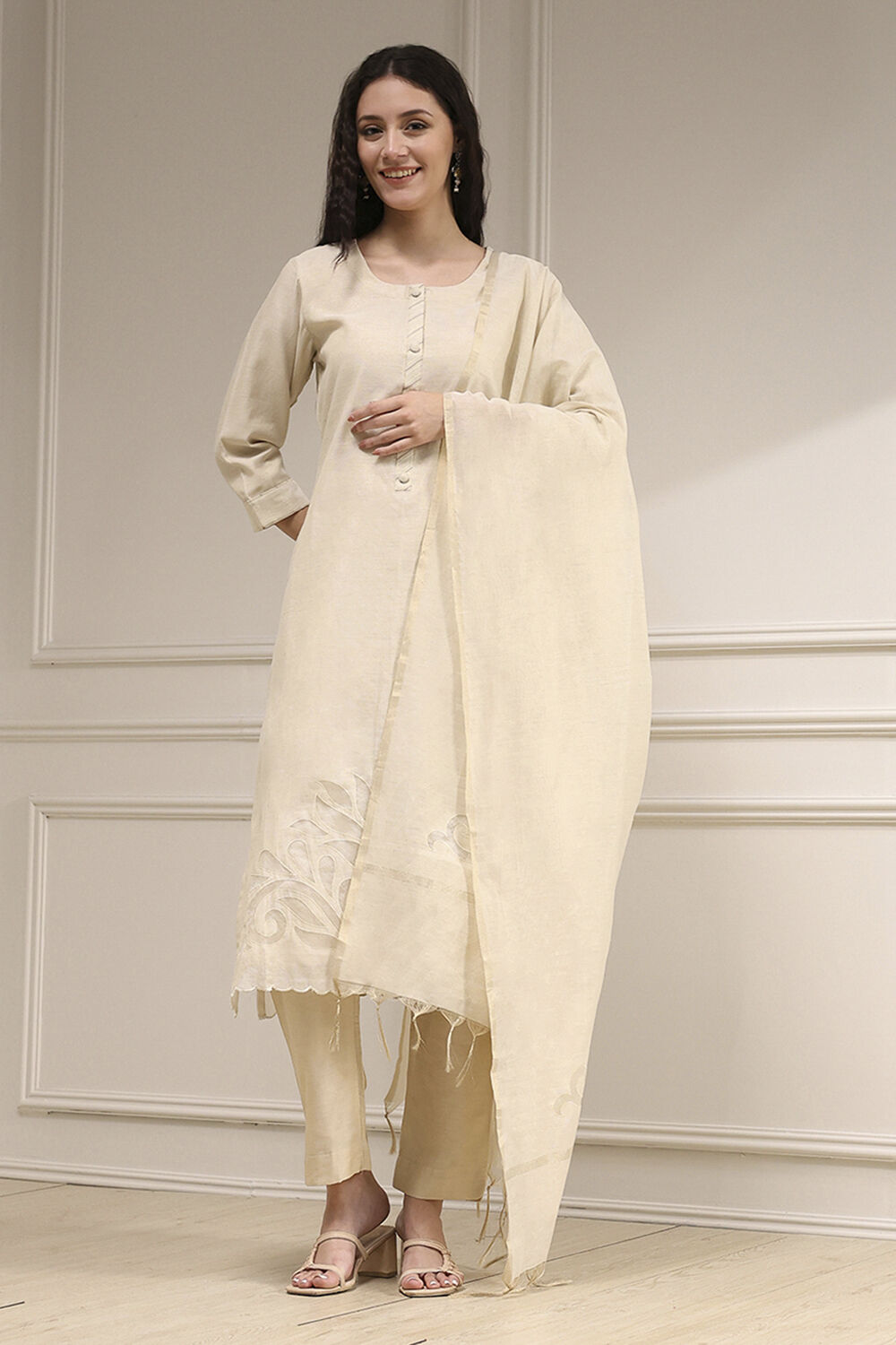 White Tissue Applique Unstitched Suit Set image number 1