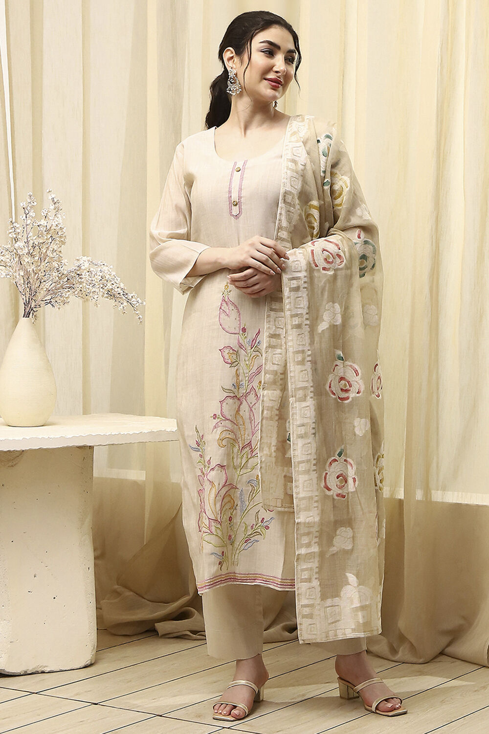 Beige Chanderi Hand Painted Unstitched Suit Set image number 1