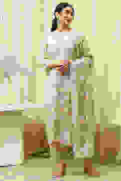 Beige Chanderi Hand Painted Unstitched Suit Set image number 1