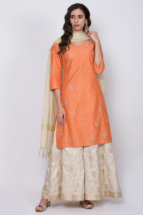 Orange Poly Cotton Kurta Sharara Suit Set image number 0