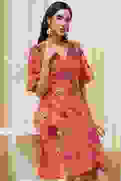 Orange Floral Printed Flared Dress image number 6