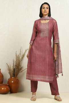 Peach Chanderi Hand Embroidered Unstitched Suit Set image number 1