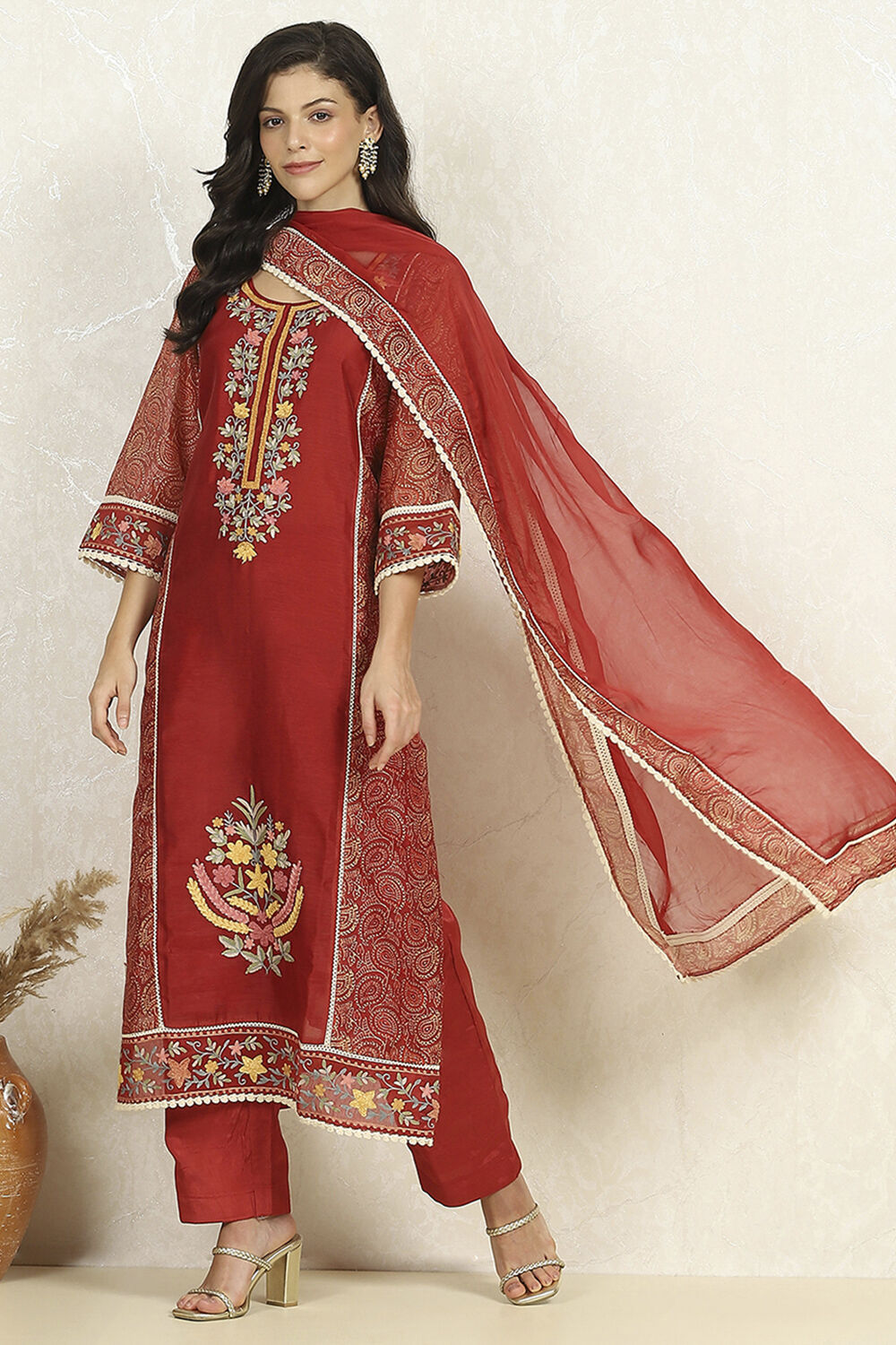 Teal Chanderi Unstitched Suit Set image number 1