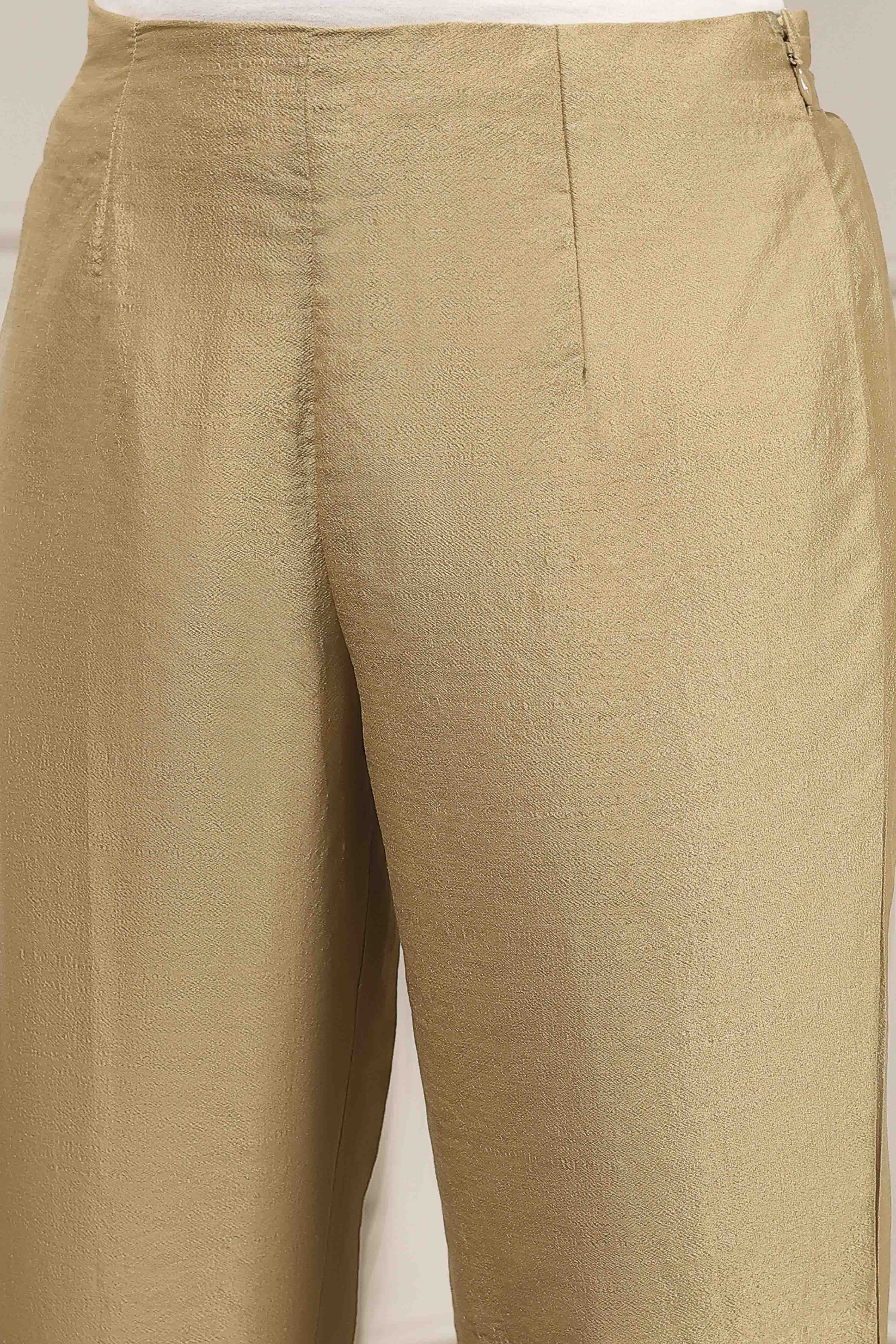 Beige Viscose Rayon Fitted Solid Pants image number 5