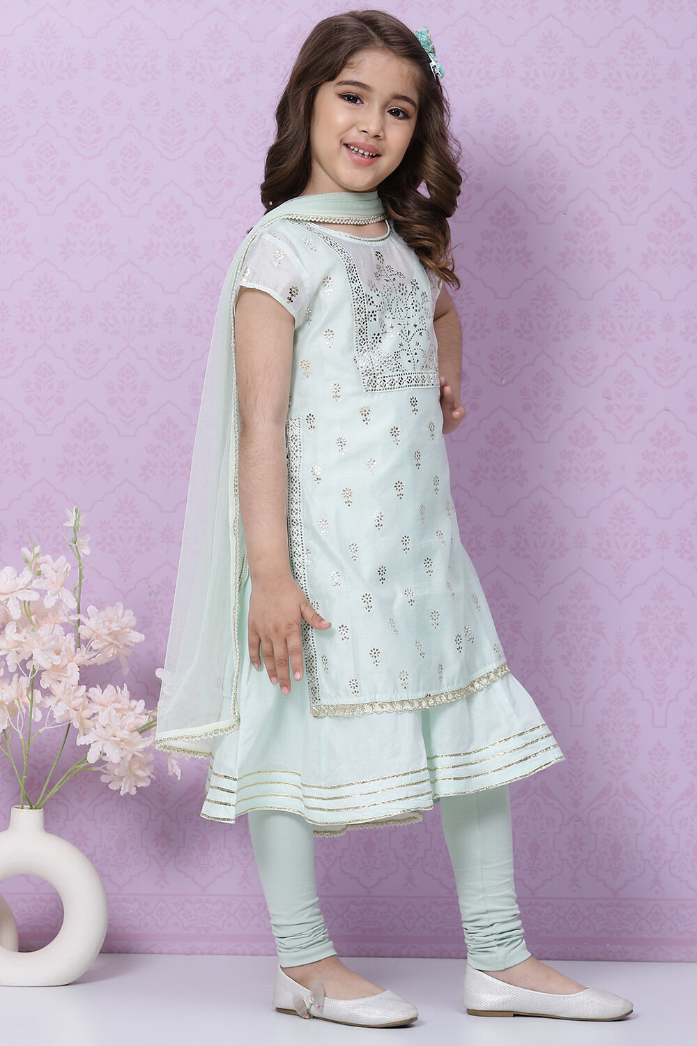 Light Blue Art Silk Flared Kurta Churidar Suit Set image number 7