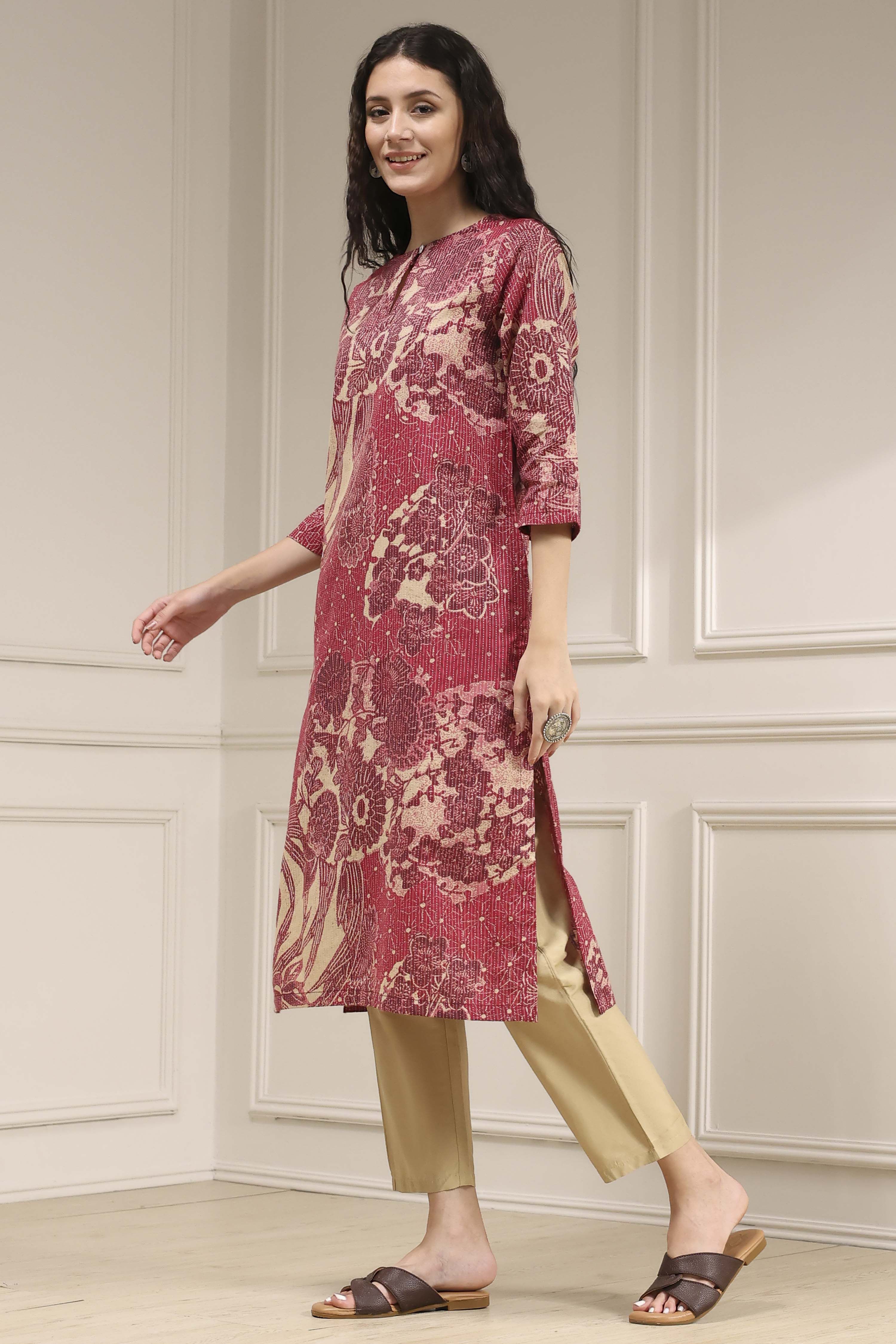 Onion Pink Cotton Printed Straight Kurta image number 2