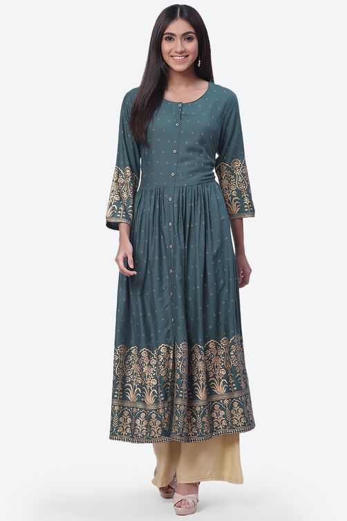 Green Rayon Flared Printed Kurta Dress image number 0